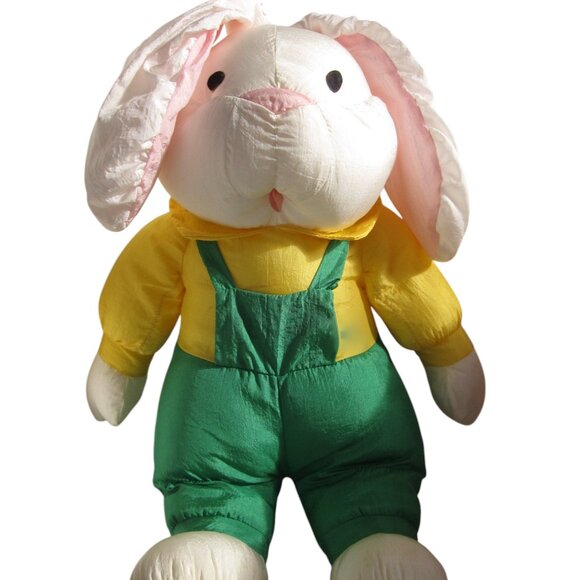 Vintage 80s Parachute Nylon Plush Bunny in Overalls International Silver EASTER - Picture 1 of 3
